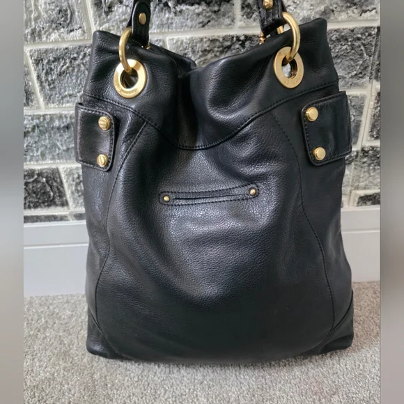b. makowsky Women's  Black Leather Handbag with Gold Accents - Picture 2 of 13